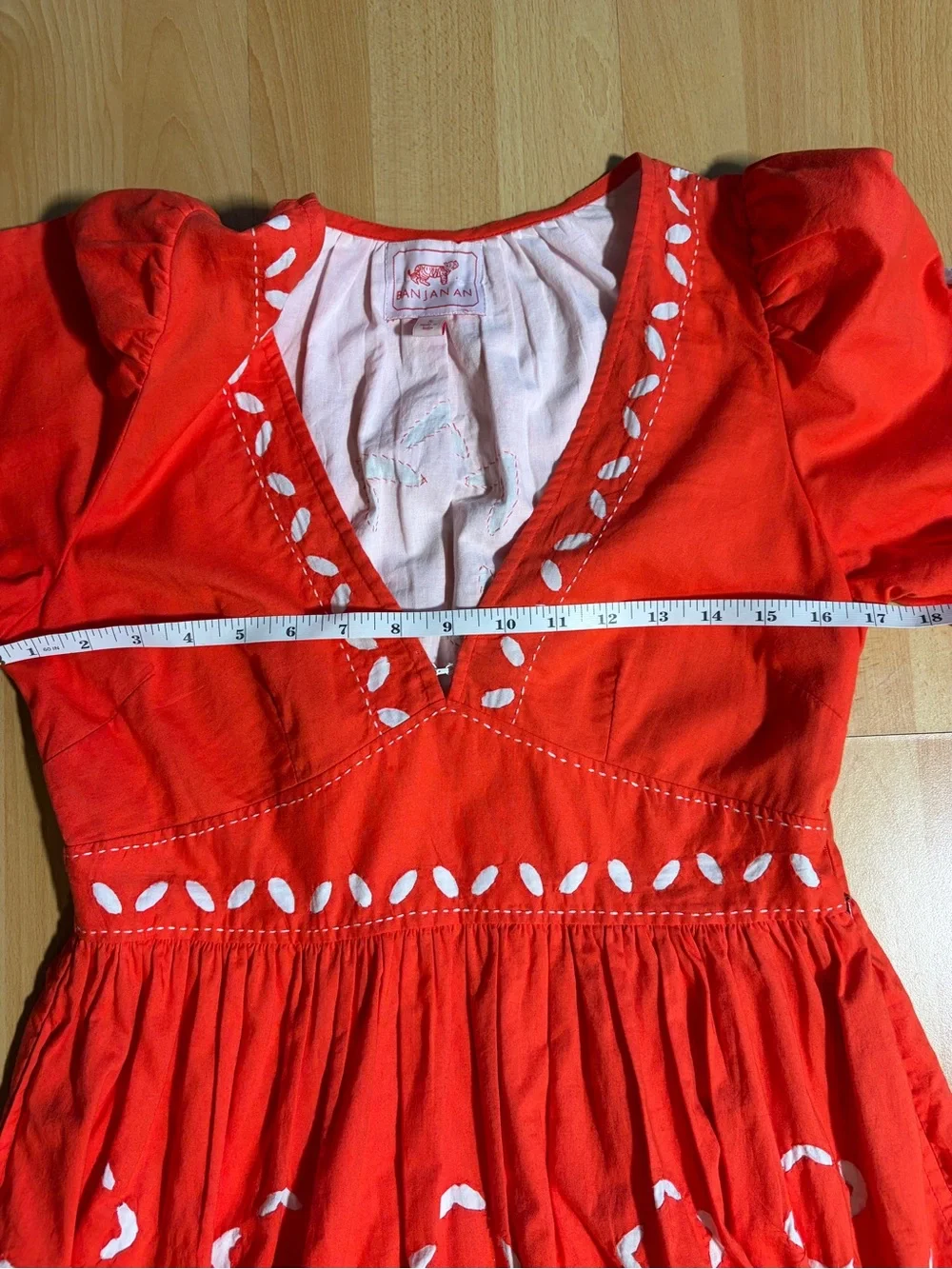 Anthropologie‎ Banjanan Red with Inlaid Embroiderey Mini Dress Poplin Cotton